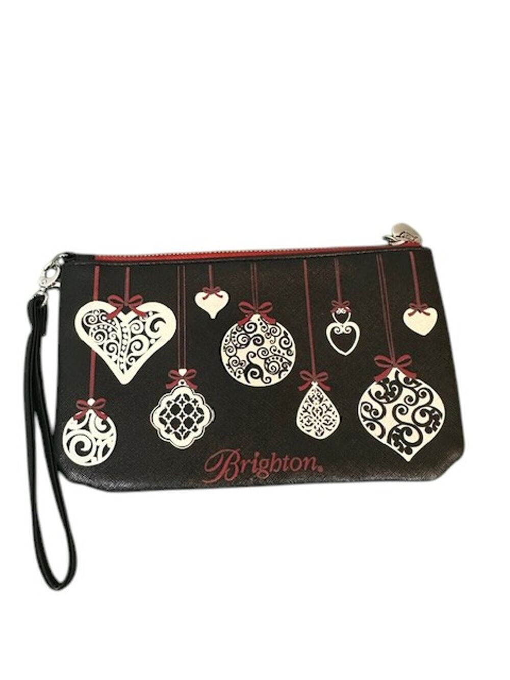 Brighton Black Leather Multi Christmas Print Love Joy Top Zip Wristlet Women